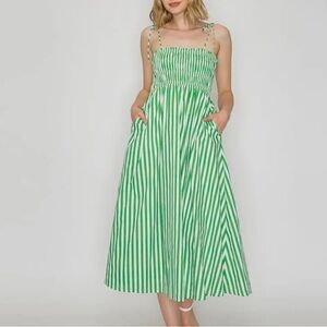 Green stripe cotton midi dress
